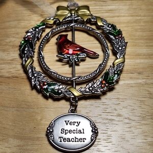 Ganz metal cardinal ornament with a "Very Special Teacher" charm. 